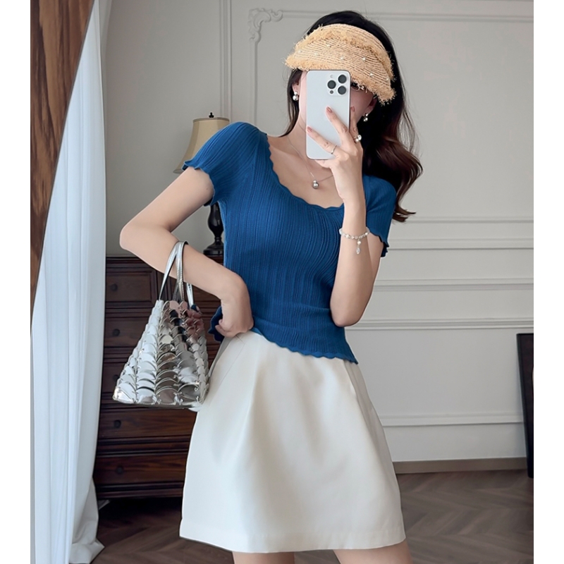 Klein blue shoulder ice silk lace top for women in summer Korean short design niche knitted short-sleeved T-shirt