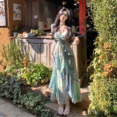 Floating summer in the forest 2025 spring and summer new design and vacation style printed bohemian fairy dress