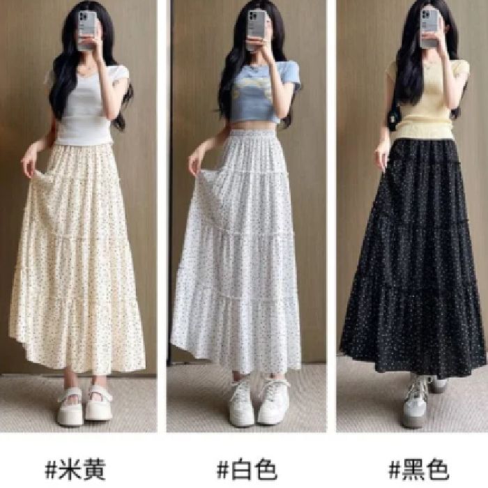 波點半身裙女夏季2025新款高腰a字顯瘦中長款休閒小個子白色長裙