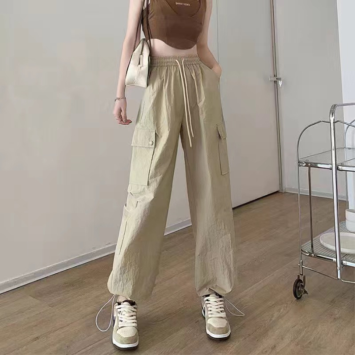 韓國外貿新款速干工裝褲女卡其色寬鬆顯瘦直筒顯瘦美式抽繩運動褲