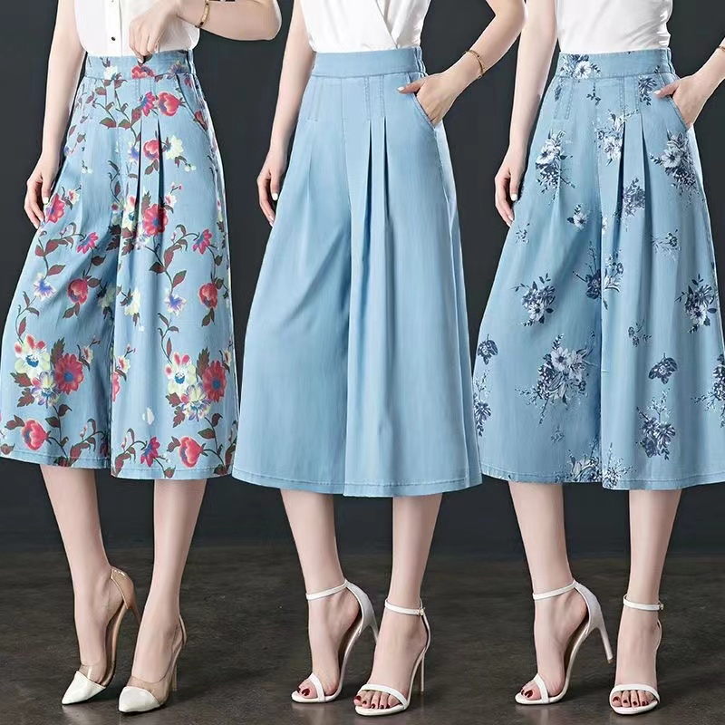 Foreign Trade Tennis Denim Blue Cropped Pants for Women in Summer Thin New High Waist Loose Slimming Eight-Level Wide Legs Skirt