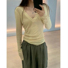 Tennis straight shoulder thin style slightly transparent slim V-neck long-sleeved T-shirt for women's summer new sunscreen blouse fashionable pure top