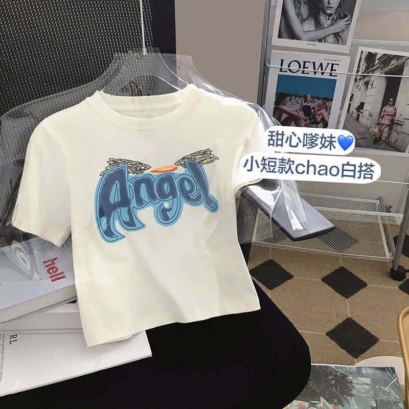 外貿原版夏季新款純棉字母印花短袖T恤女設計感小眾露臍短款上衣