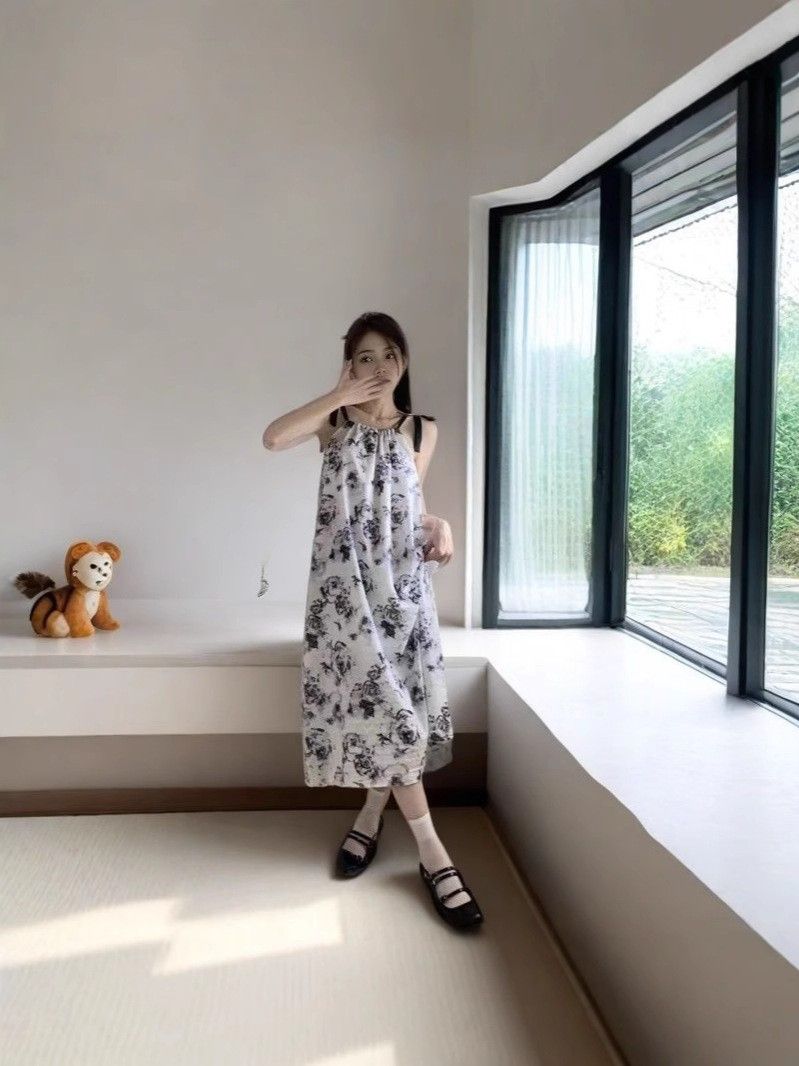 莫奈花園油畫彩色連衣裙女新款日系浪漫碎花夏季海邊度假中長裙子