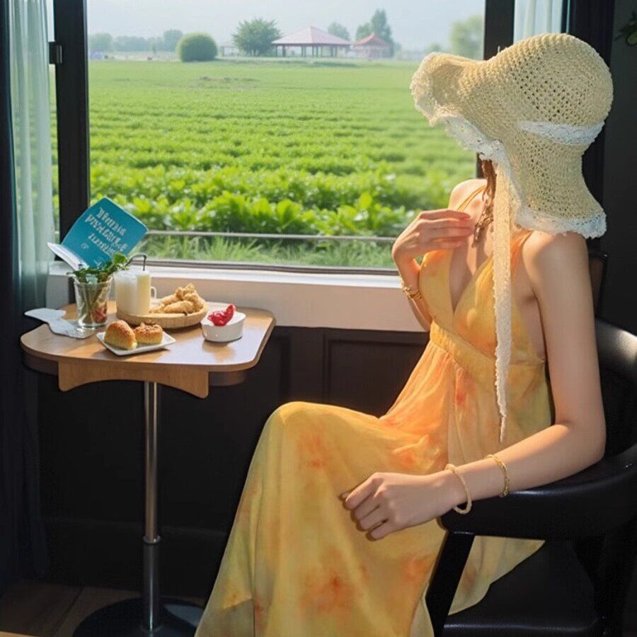 French oil painting smudge yellow floral suspender dress Thailand beach vacation beach skirt long skirt women summer
