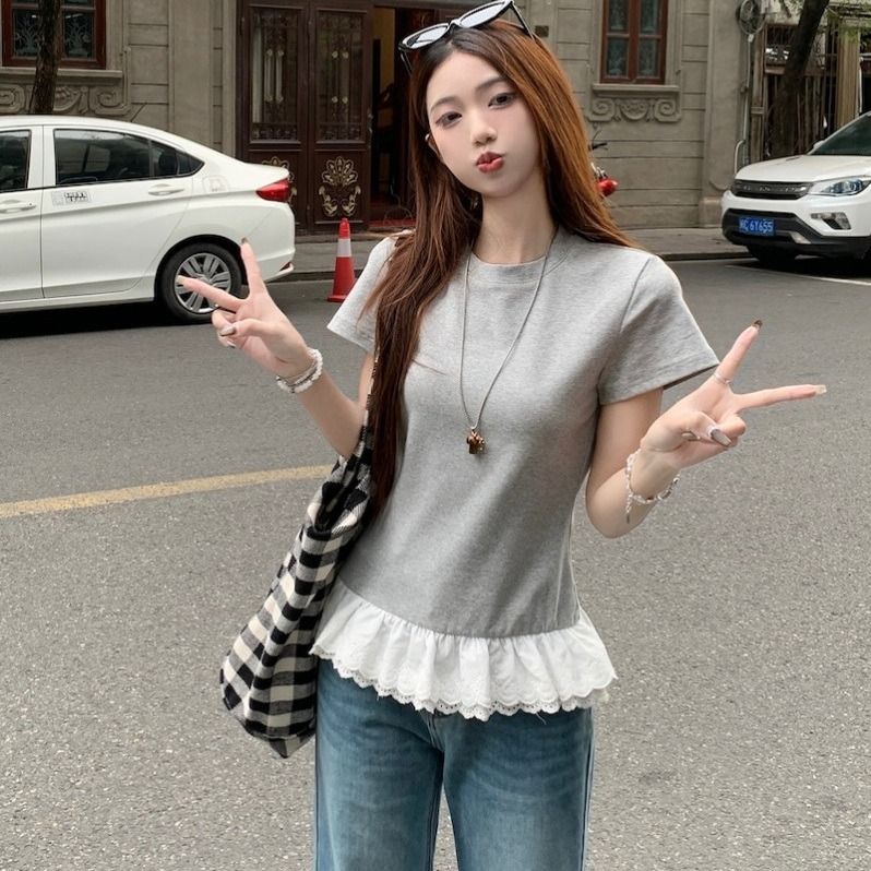 雙層花邊撞色花邊拼接短袖T恤女夏季設計感修身顯瘦獨特上衣