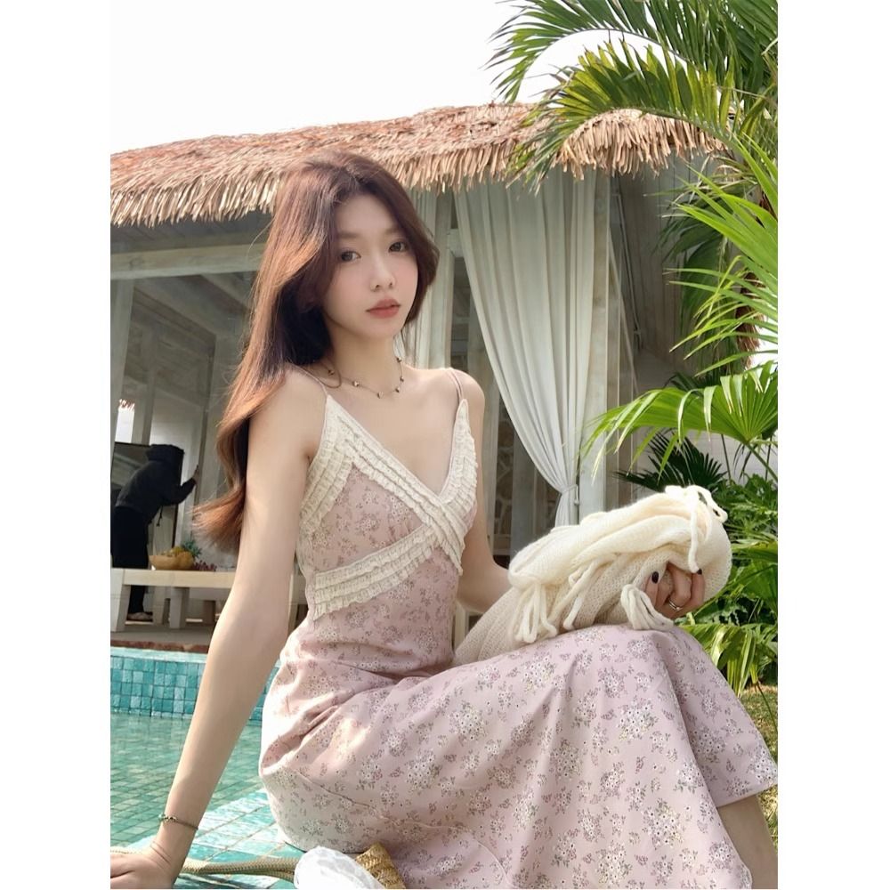 Foreign trade original summer new Korean women's sweet floral suspender dress