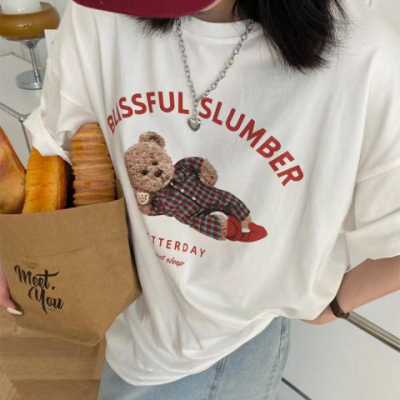 Korean foreign trade Korean new casual printed T-shirt for women in summer round neck loose fashionable versatile short-sleeved top