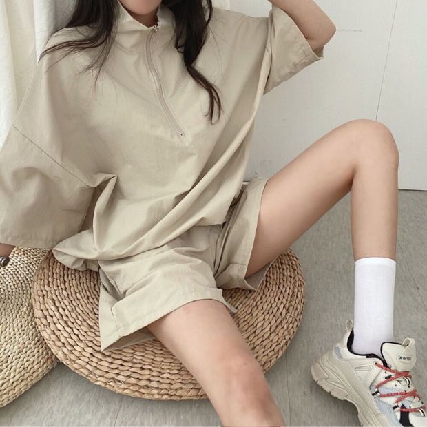 大碼拉鏈短袖女裝兩件套學生夏季韓版時尚休閒運動服套裝寬鬆高領