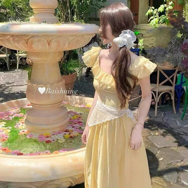 French sweet and slim yellow small flying sleeve square collar dress with scarf niche design waist-hugging long skirt