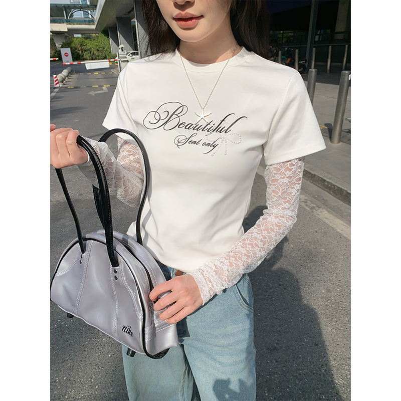 Modal white fake two-piece T-shirt for women's summer lace sleeve splicing slim print design top