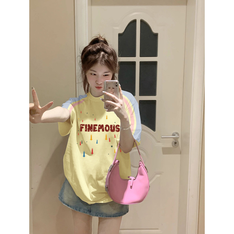 High-quality pure cotton 220g 19 pieces of wool + feel printed loose large version of raglan contrasting color short-sleeved T-shirt for women