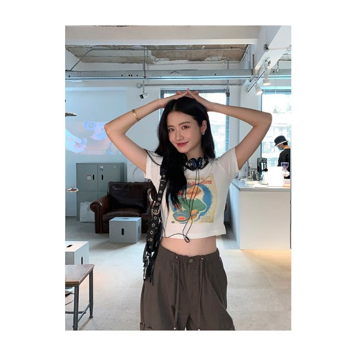 純棉原版外貿韓版後包領夏季新款短袖T恤女高腰露臍圓領修身上衣