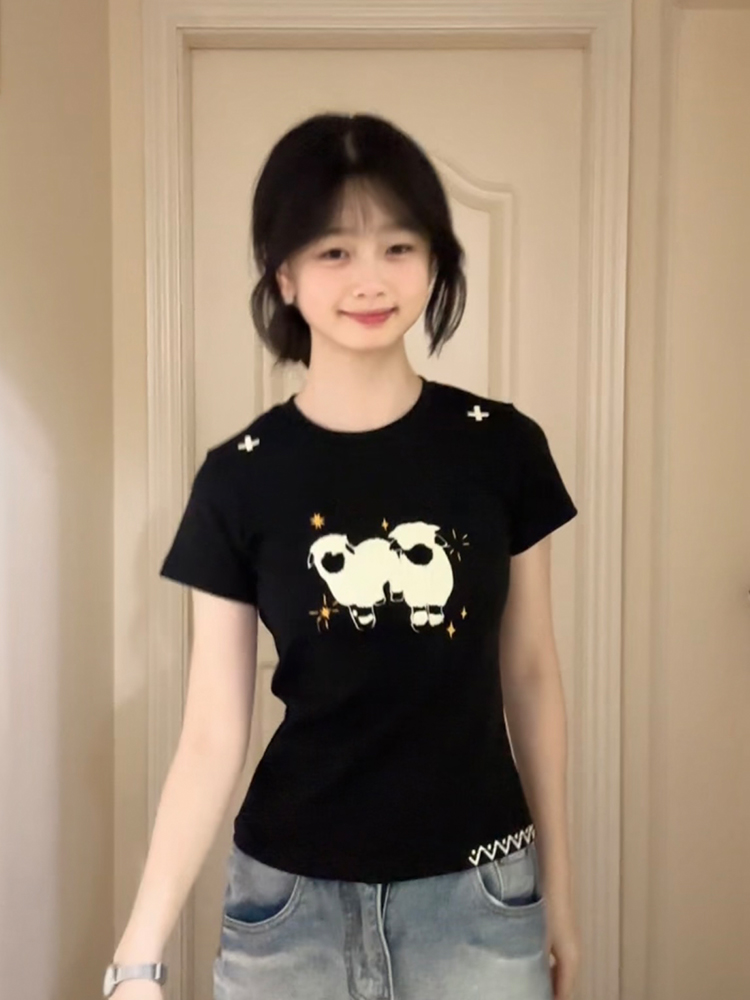 High-quality pure cotton 210g 40 pieces Odale 92 cotton 8 spandex printed hot girl slim short-sleeved T-shirt for women
