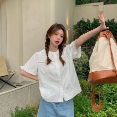 短袖襯衫女學院風甜美花邊襯衫女設計感可愛襯衣