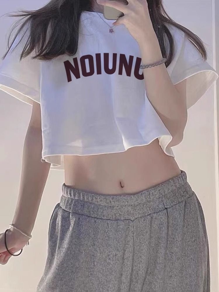 純棉原版外貿韓版後包領夏季新款女裝圓領印花修身短款T恤女短袖
