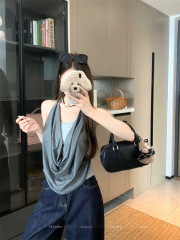 Real shot of women's 2025 new summer wear beautiful Korean gray fake two-piece sleeveless top