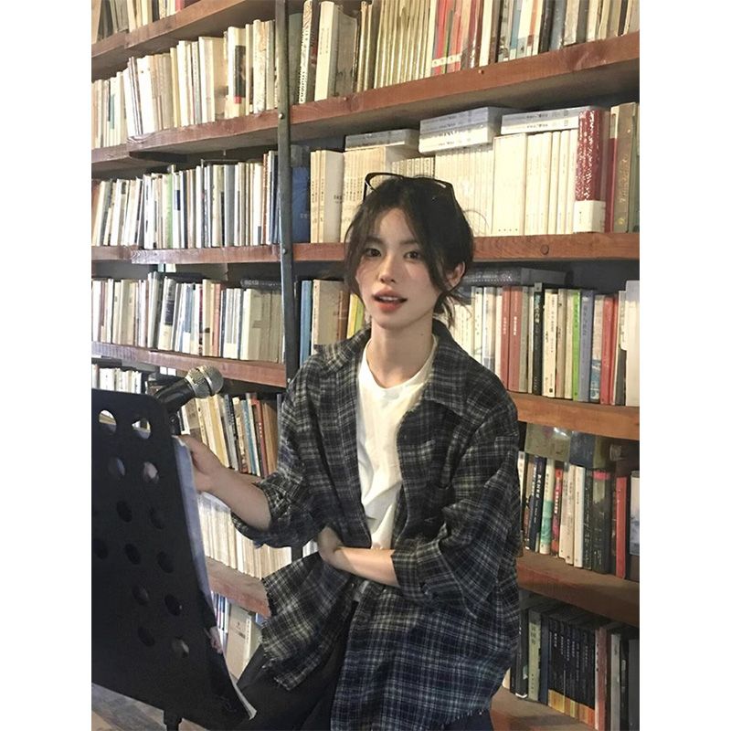 National trend brand niche plaid layered design long-sleeved shirt for women early autumn new retro casual loose couple shirt