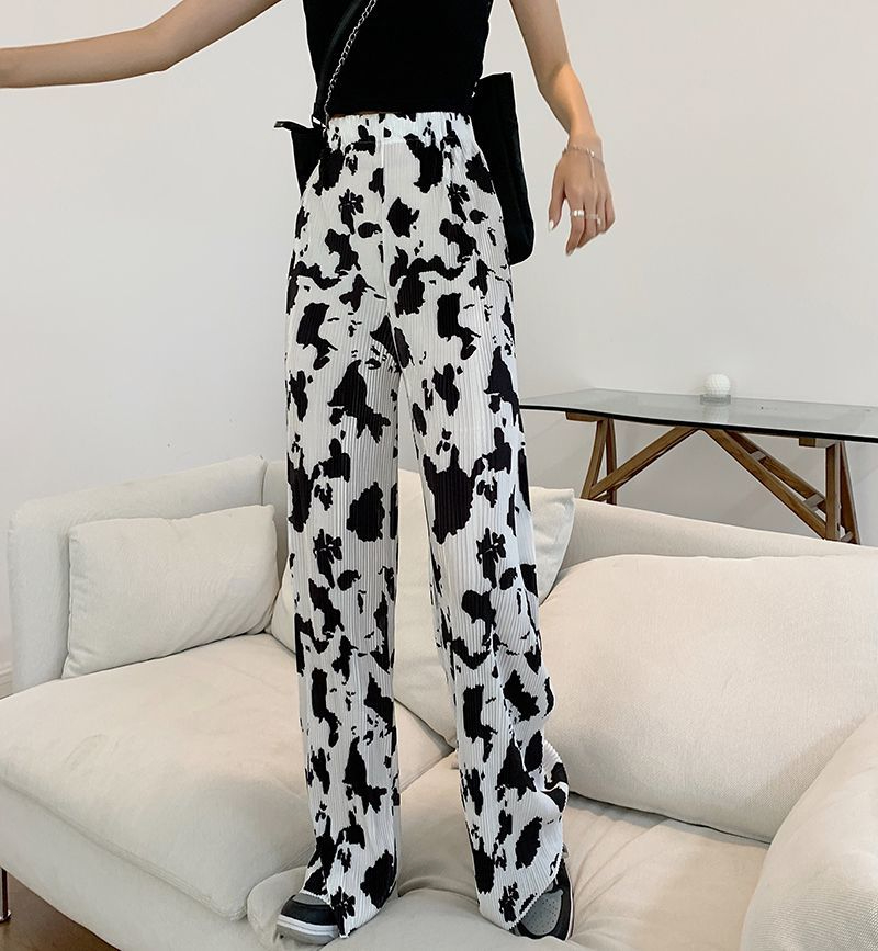 Korean foreign trade Korean new spring and autumn large-size women's cow pattern straight pants for women loose pleated floor pants