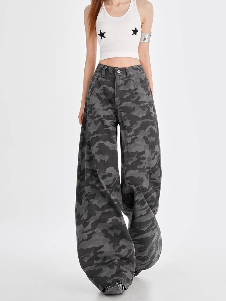 Pure cotton workwear retro camouflage wide-leg pants for women 2025 spring new loose pants
