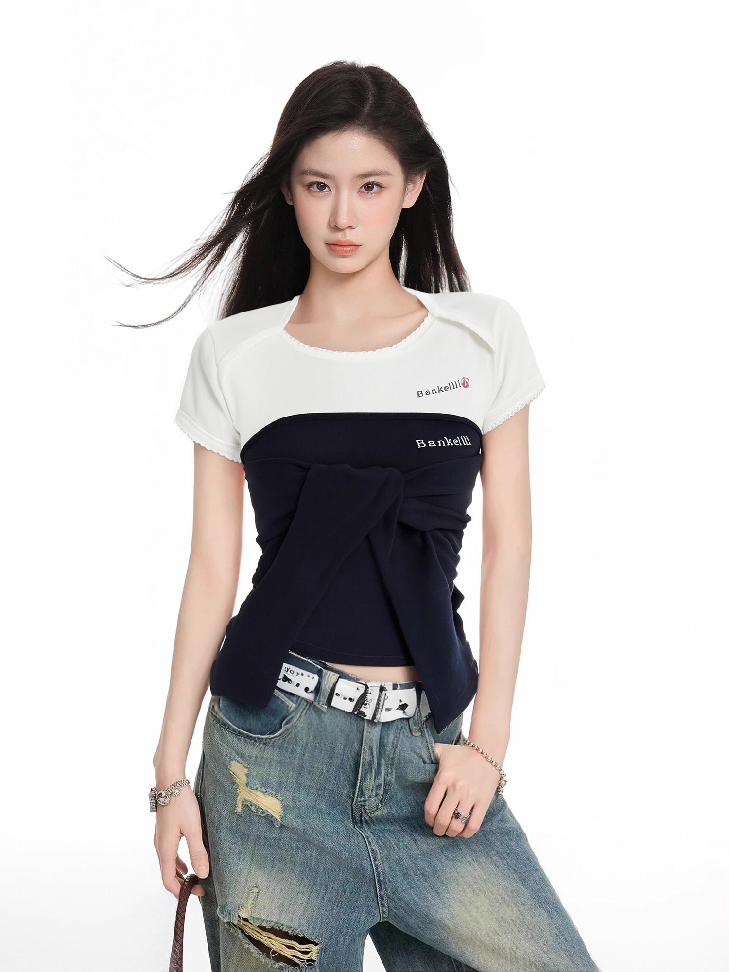 Navy blue splicing straps for front shoulder short sleeve T-shirt for women in summer slim fit tight inner bottom hot girl short top