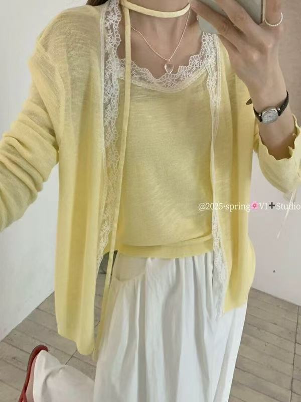 2025 Pure Desire Streamer Lace Sling Bamboo Side Hemp Knitted Two Sets for Women's Summer Temperament Versatile Long Sleeve Set