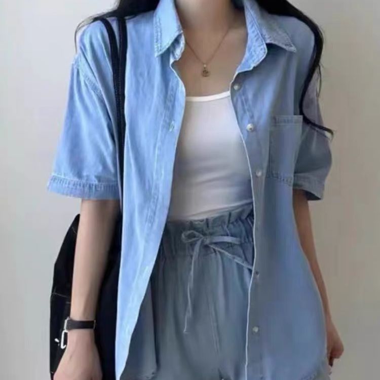 大碼時尚套裝女夏季短袖仿牛仔薄款外套吊帶背心胖MM休閒褲子套裝