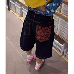 New summer trendy American red plaid jeans retro high street vibe high waist straight 7-point wide-leg pants