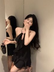 Backless halter neck chain ruffle skirt for women summer hot girl sexy little black retro romantic dress