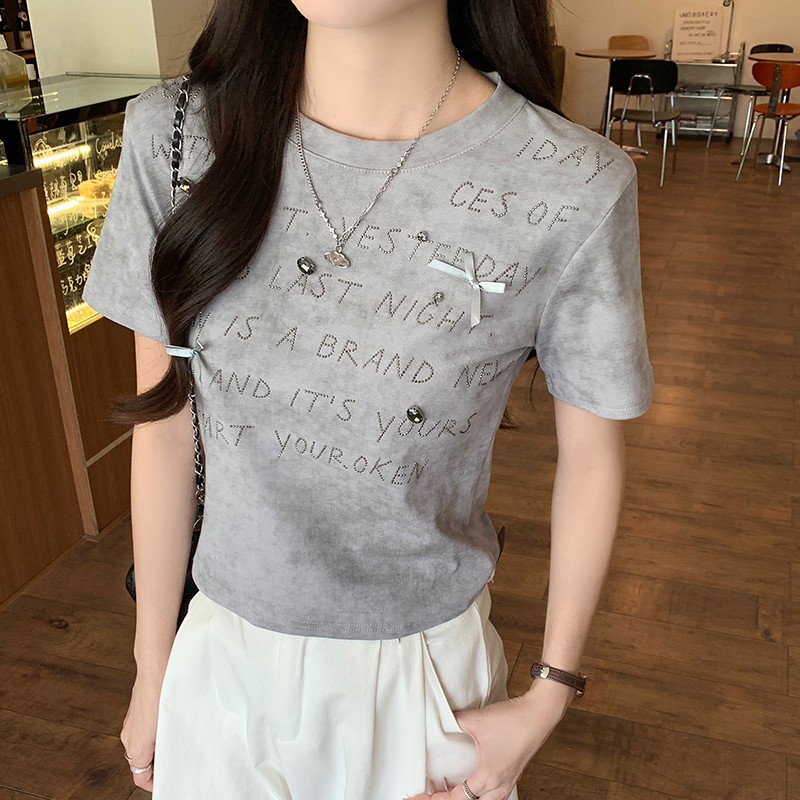 Real shot of 210g thread short-sleeved T-shirt summer 2025 trendy embroidered front shoulder slim short round neck top Korean women's clothing