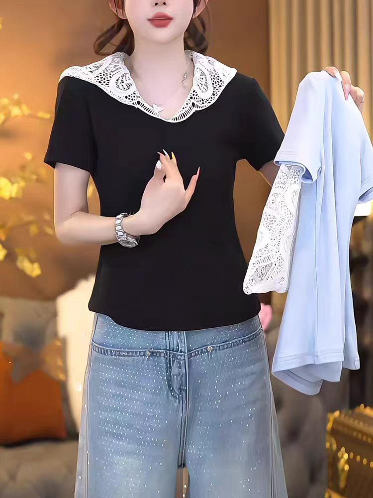 韓系時尚蕾絲拼接連帽上衣女2025夏新款V領短袖T恤修身內搭小衫
