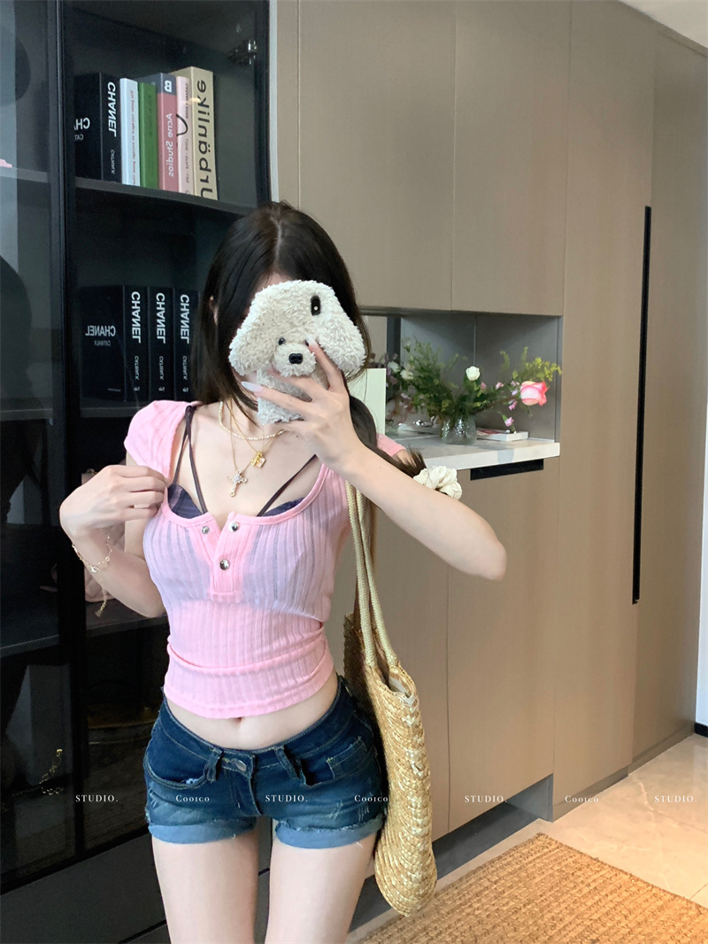 Real photo of women's plaid inner thin short-sleeved T-shirt top two-piece set