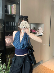 Real shot of retro slim neck halter neck lace vest women looking slim and slim backless hot girl top summer