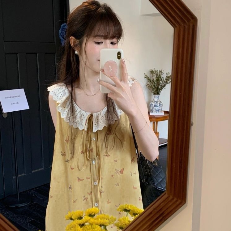 法式桔梗花邊無袖連衣裙蝴蝶結印花背心裙女夏新款中長裙減齡