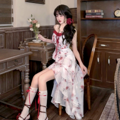 Seaside vacation style irregular smudged floral suspender skirt seaside photography beautiful dress 2025 summer new style