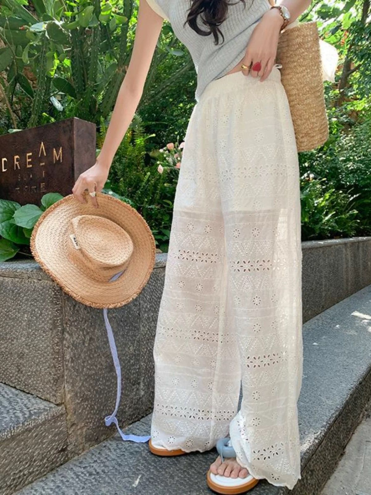 蕾絲刺繡鏤空闊腿直筒褲女春夏季新款高腰百搭顯瘦休閒褲涼涼褲子