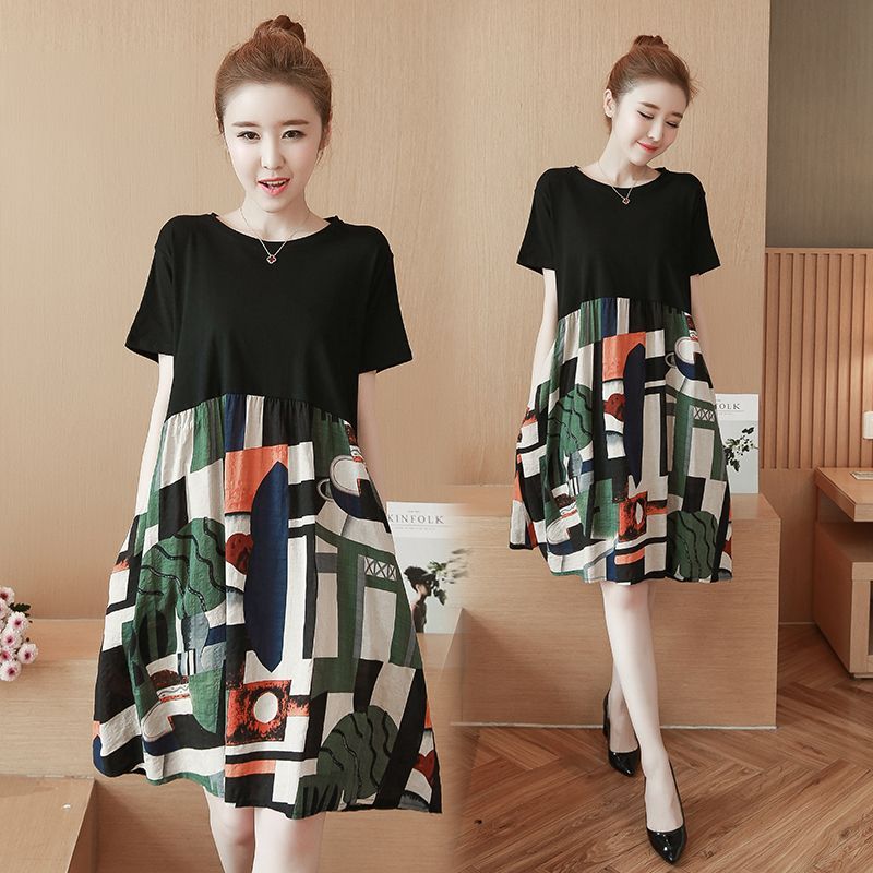 Fat sister summer dress loose fat mm2025 new short-sleeved women's mid-length 200 jin loose