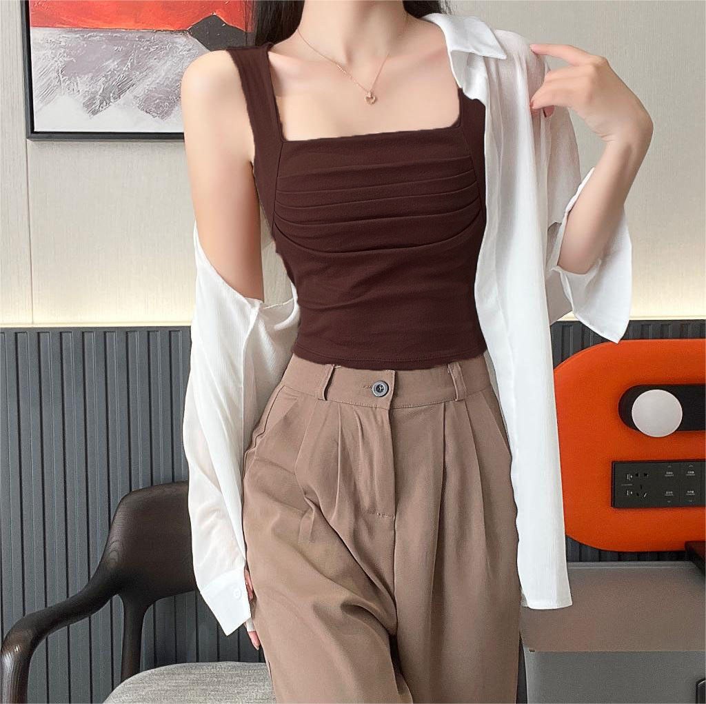 Sweet and spicy square collar pleated vest with chest pad solid color versatile inner strap design sleeveless short top