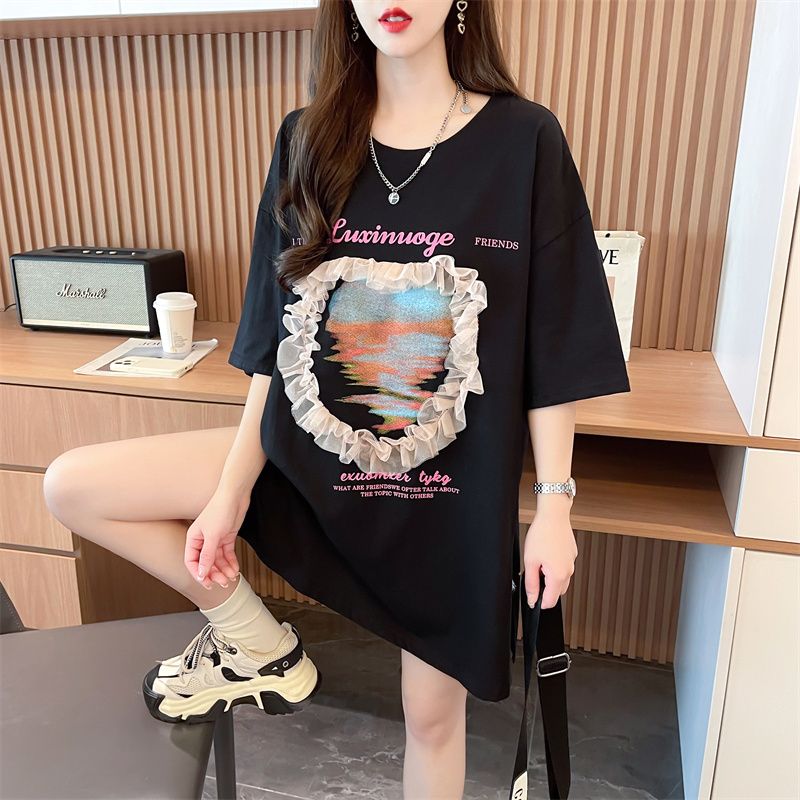 實拍~質量/純棉/後包領/中長蕾絲寬鬆短袖T恤女夏裝新款