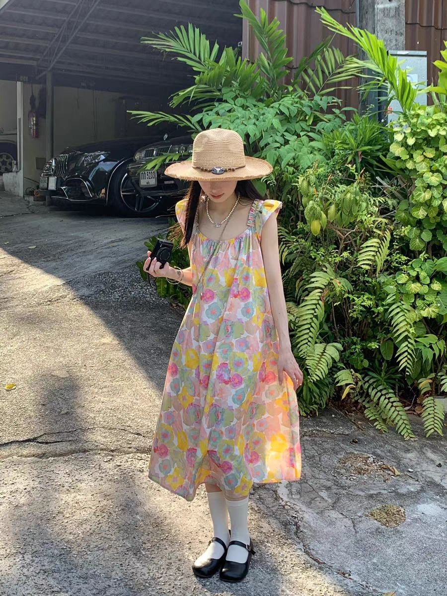莫奈花園油畫彩色連衣裙女新款日系浪漫碎花夏季海邊度假中長裙子