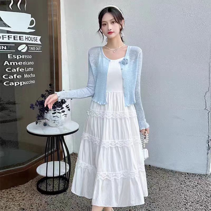 溫柔風白色吊帶連衣裙針織開衫套裝女2025春新款設計感顯瘦套裙