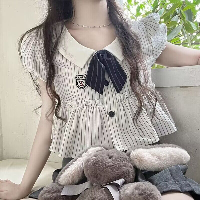 襯衫女日系甜美學院風娃娃領夏新款設計感泡泡袖學生韓版百搭襯衣