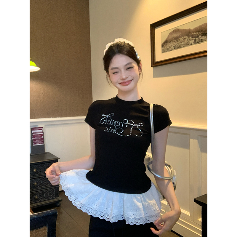 Bow-skinned diamond lace black short-sleeved T-shirt for women in summer slim and slim shoulder short top trendy