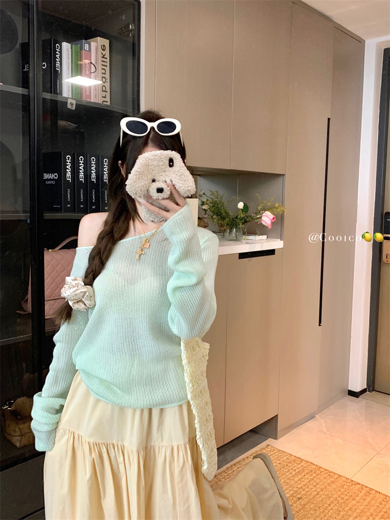 Real photo Korean strap knitted top knitted sweater 2025 new loose slimming sun protection hollow shirt
