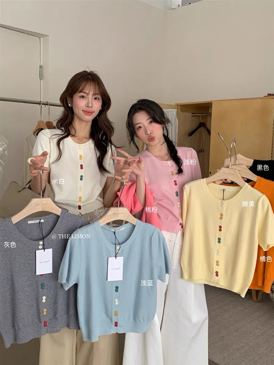 THE LIMON檸檬綠茶韓系彩扣柔軟舒適圓領顯瘦短袖針織開衫女春夏