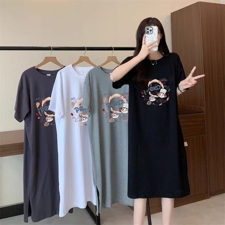 仿棉牛奶絲# 夏季時尚短袖T恤中長款圖案短袖連衣裙女