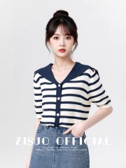 拼色條紋海軍領短袖針織開衫女春季2025新款韓版別致修身短款上衣