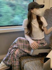 運動服套裝女夏季韓版寬鬆時尚網紅短袖格子長褲休閒兩件套