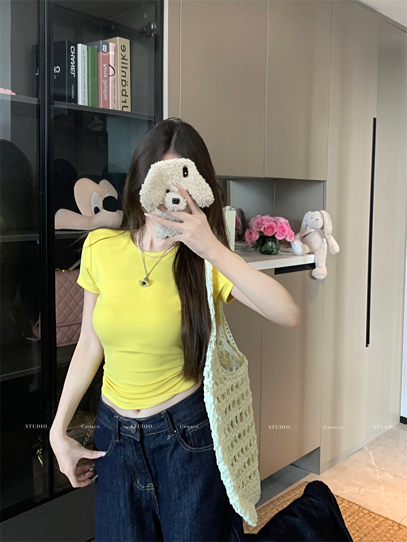 Real shot New Korean style straight shoulder fairy versatile simple round neck slim knitted short-sleeved T-shirt