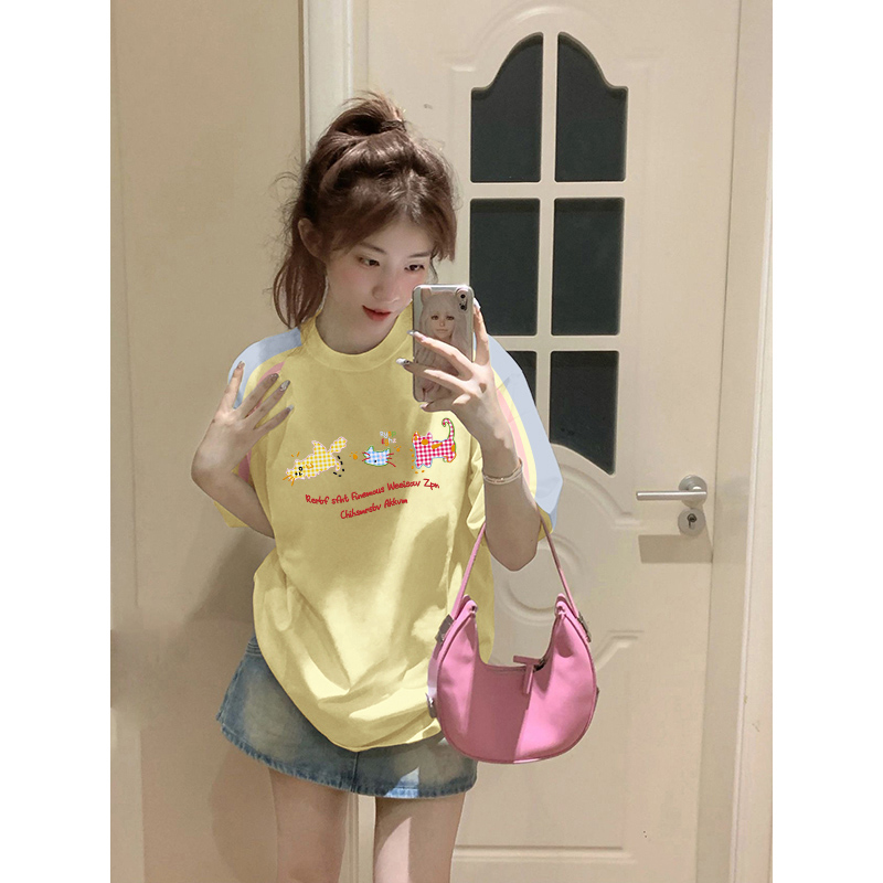 High-quality pure cotton 220g 19 pieces of wool + feel printed loose large version of raglan contrasting color short-sleeved T-shirt for women